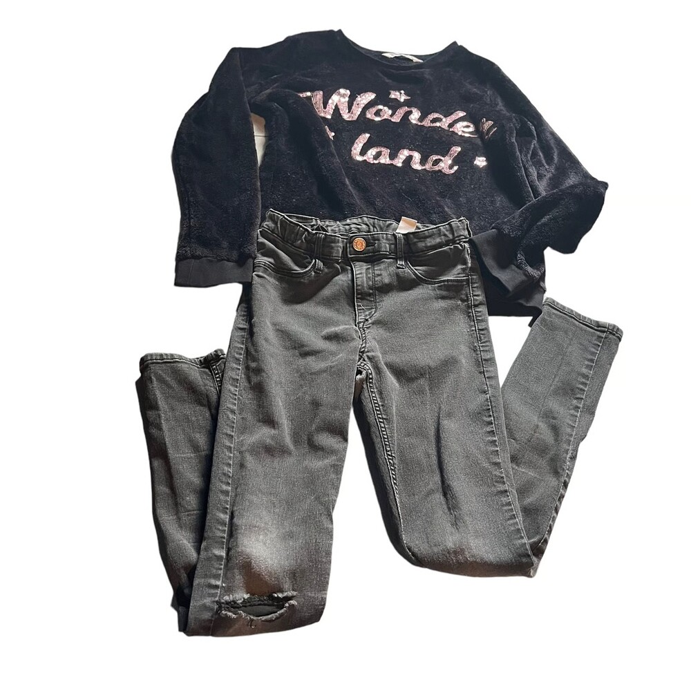 H&M Girl &Denim 11-12 Yrs Black Skinny Jeans & Plush Cozy Warm LS Sweatshirt Lot